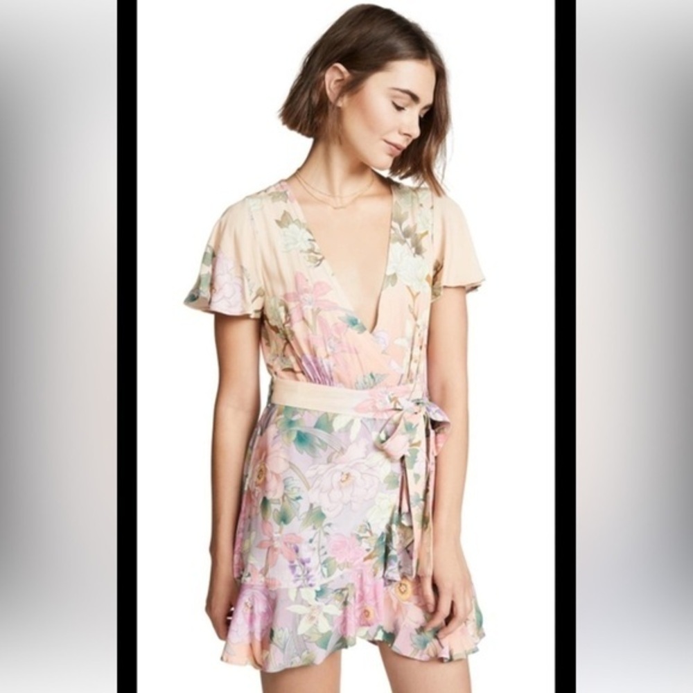 Spell Floral Wrap Mini Dress - Pink and Cream XS
